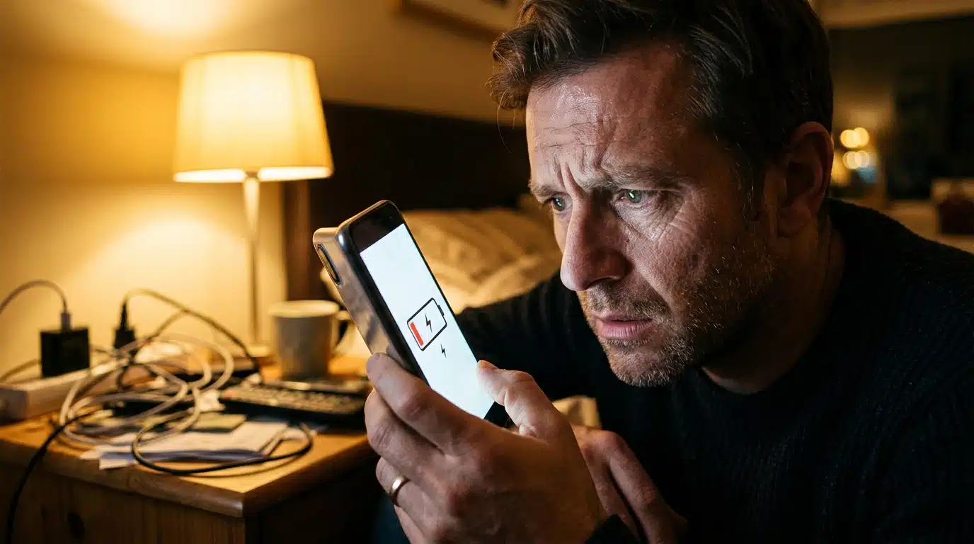 Homme regardant son téléphone qui charge lentement la nuit