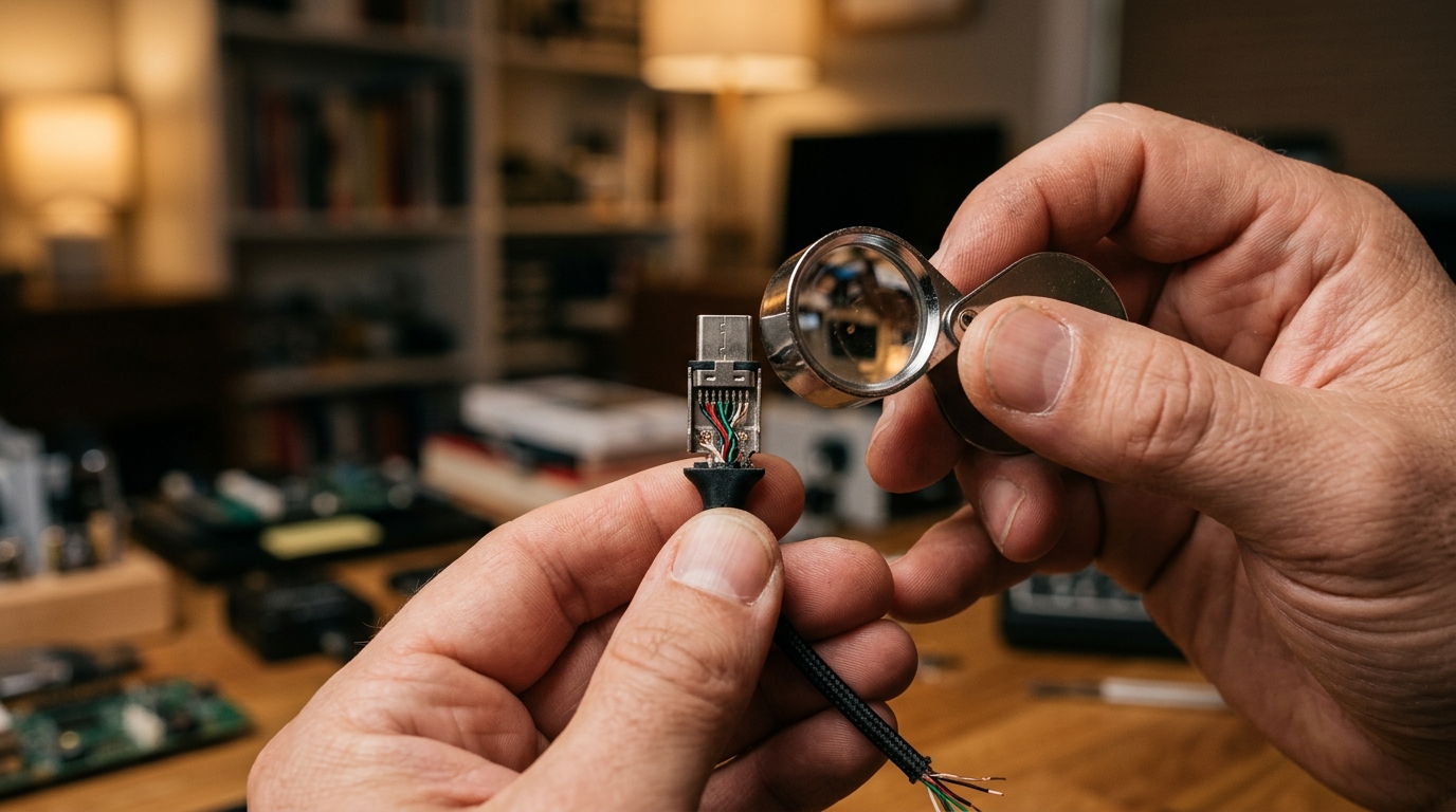 Inspection minutieuse d'un connecteur de câble USB-C