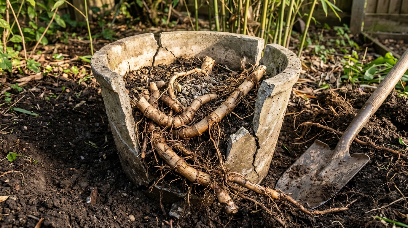 Pot de jardin fissuré envahi par des rhizomes de bambou