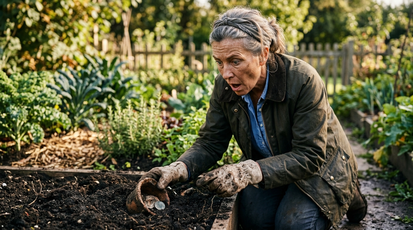 Jardinier stupéfait découvrant des racines sous terre
