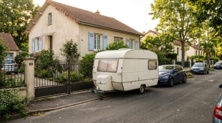 Caravane blanche garée devant un portail de maison