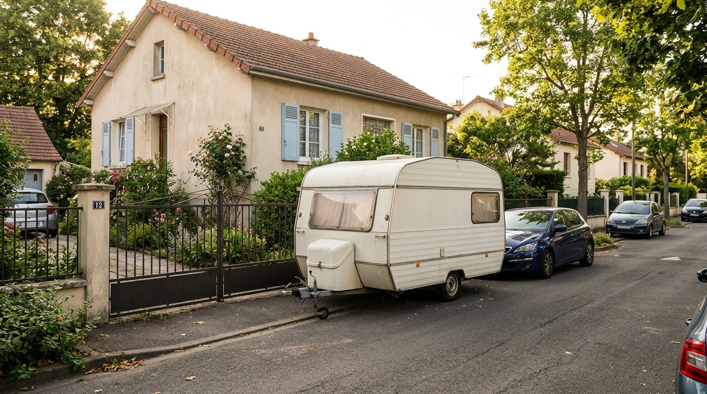 Caravane blanche garée devant un portail de maison