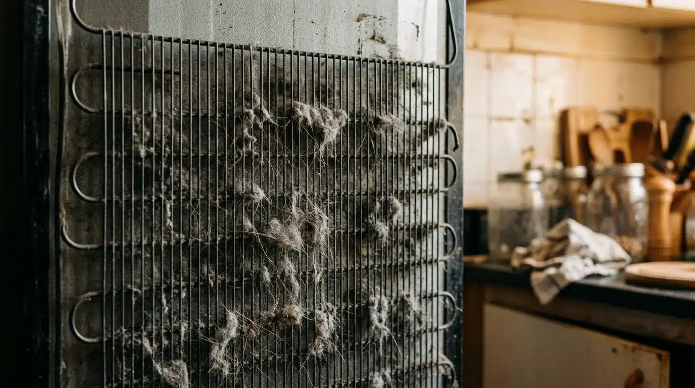 Gros plan sur le condenseur encrassé d'un frigo