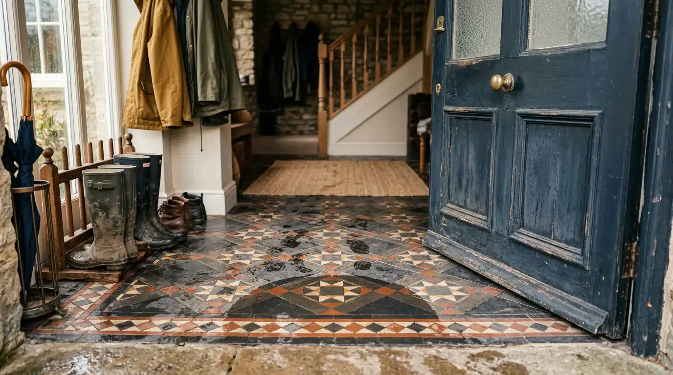 Auréole sombre sur carreaux de ciment près d'une entrée