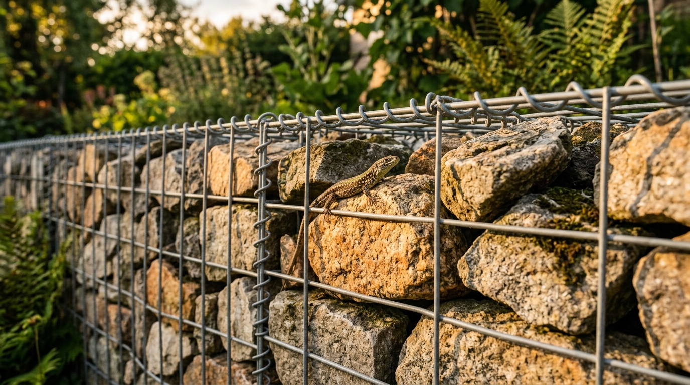 Muret en gabions avec lézard des murailles au soleil