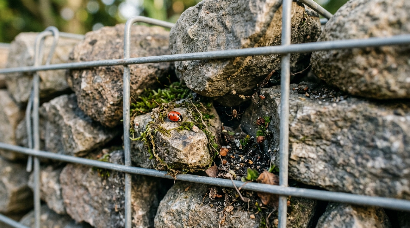 Coccinelle et araignée nichées entre pierres de gabion
