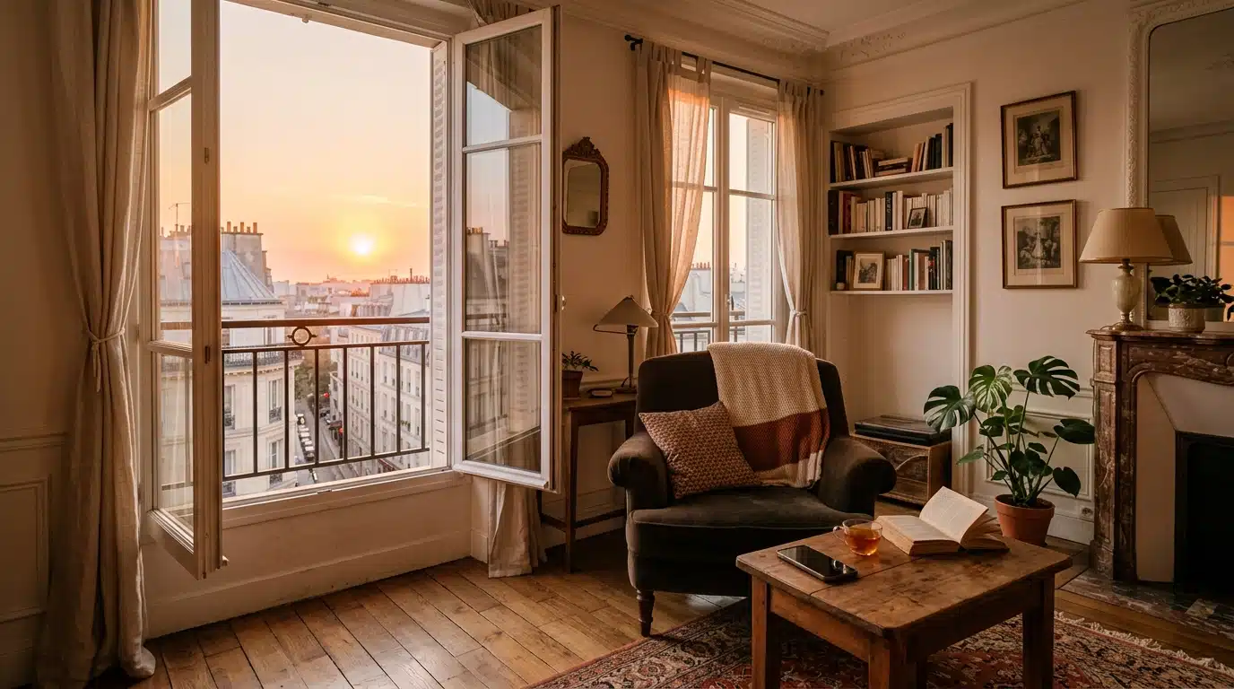 Ambiance chaleureuse d'un salon parisien au coucher du soleil