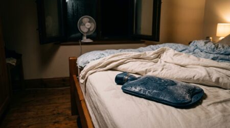 Bouillotte givrée posée au pied d'un lit la nuit