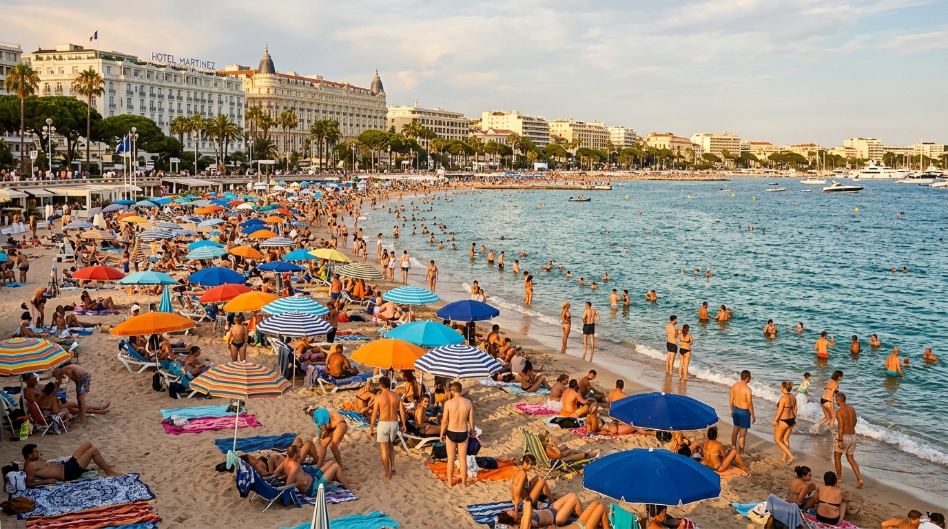 Plage bondée de la Côte d'Azur en été