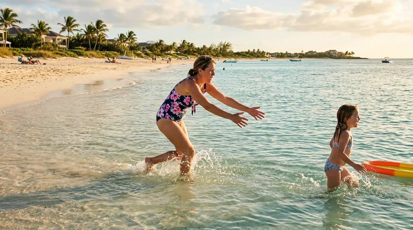 Mère se précipitant vers sa fille dans l'eau peu profonde