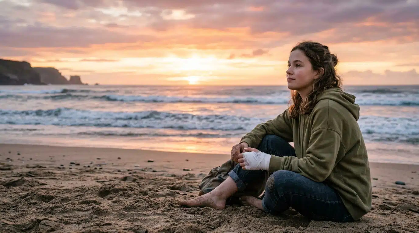 Adolescente avec la main bandée regardant l'océan