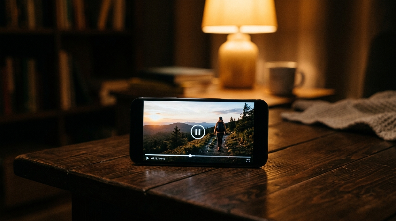 Smartphone affichant une vidéo mise en pause sur une table