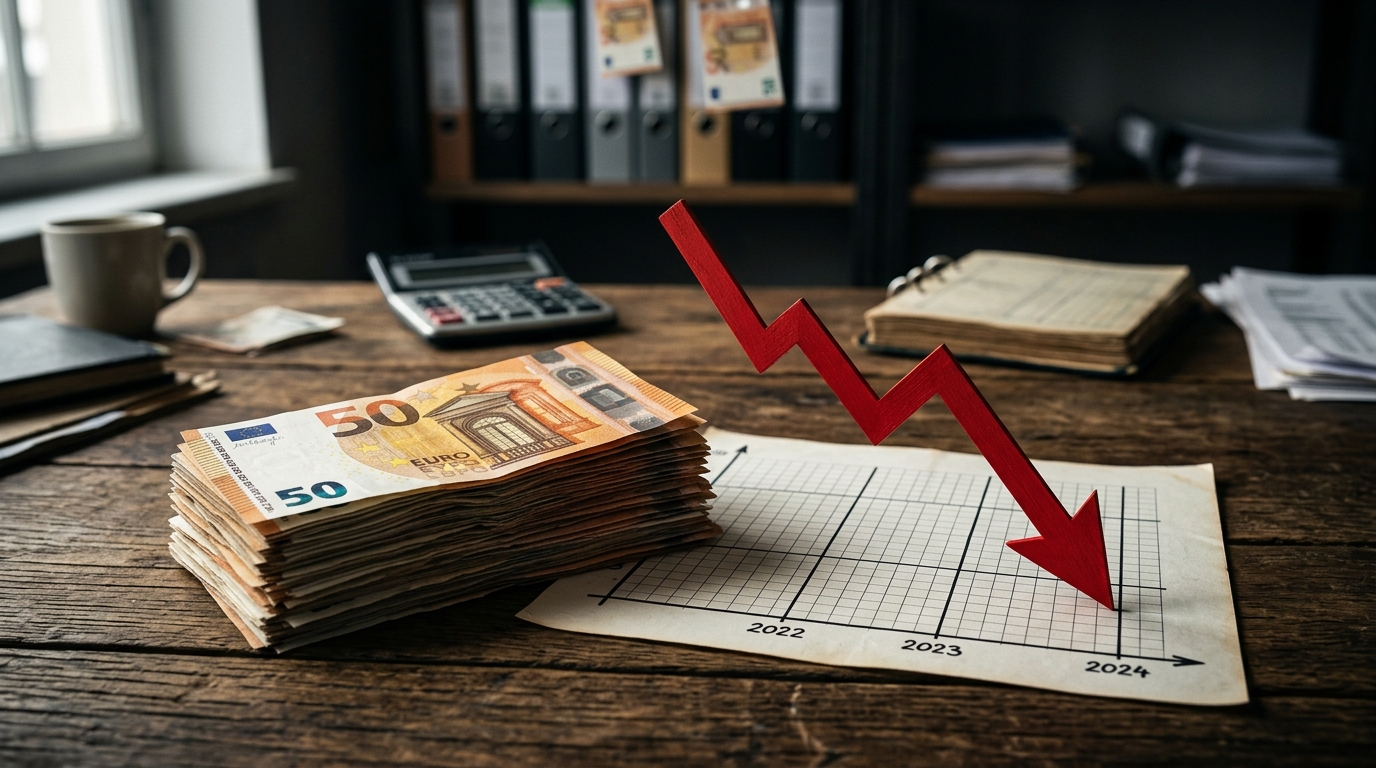 Billets en euros près d'un graphique en baisse symbolisant la dette