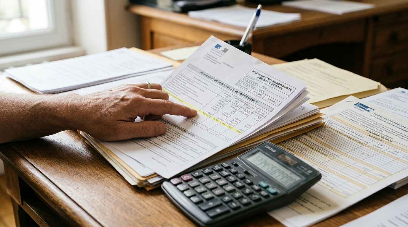 Main pointant un relevé de pension sur bureau