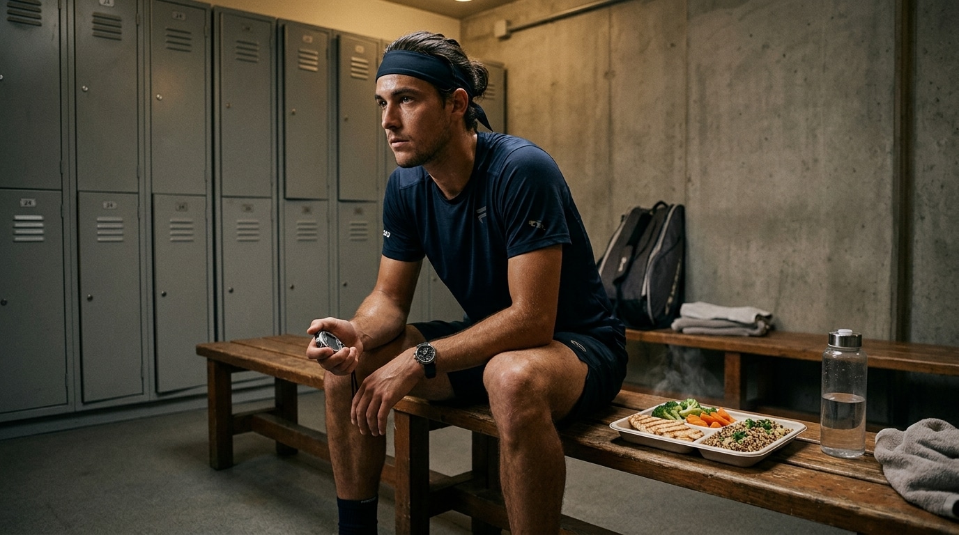 Sportif appliquant une routine alimentaire stricte au vestiaire