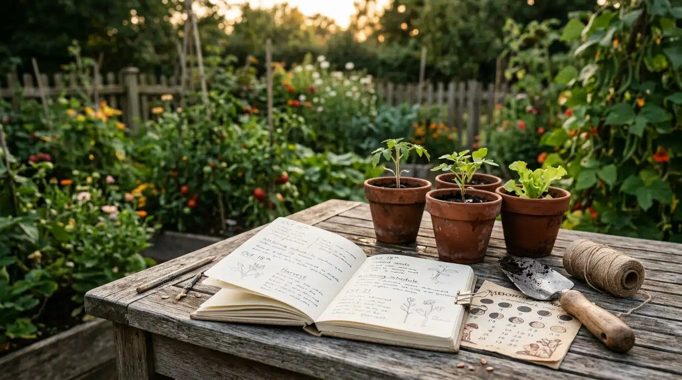 Carnet de jardinage ouvert sur table en bois au crépuscule