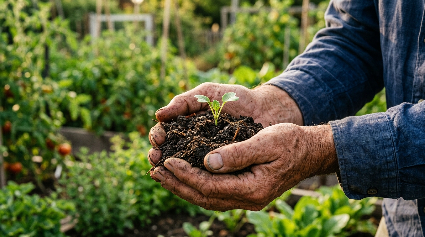 Mains de jardinier tenant un jeune plant en terre