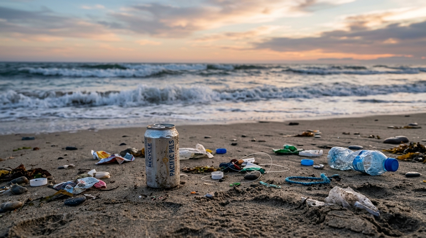 Plage au crépuscule avec déchets plastiques et canette en aluminium