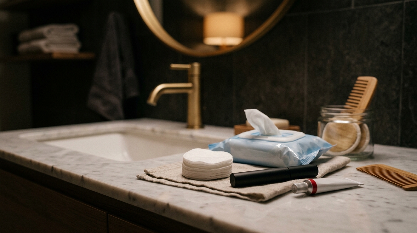 Produits démaquillants et soin oculaire sur lavabo