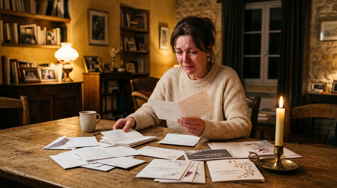 Femme lisant des messages de condoléances sur une table