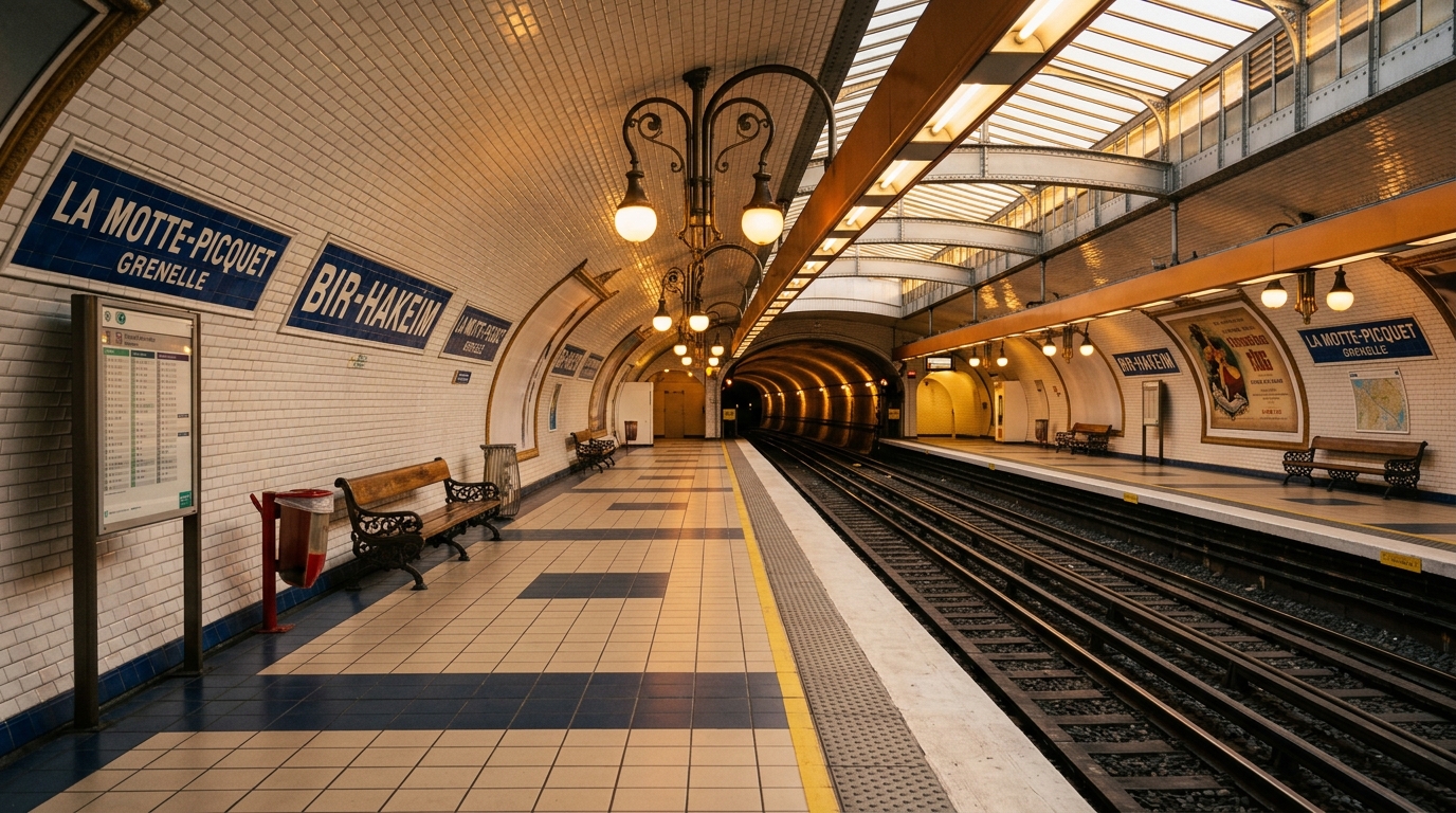 Station de métro parisienne baignée d'une lumière dorée