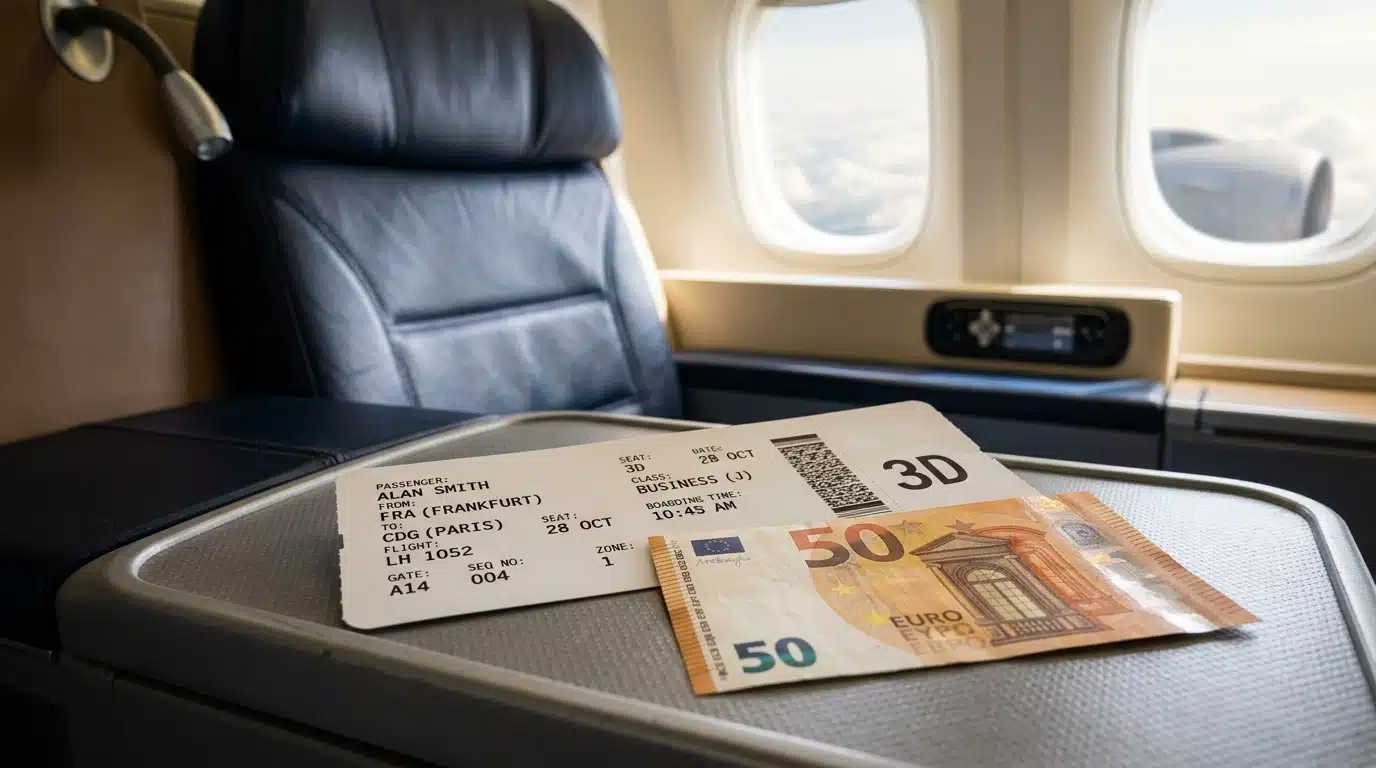 Carte d'embarquement et billet posés sur tablette avion