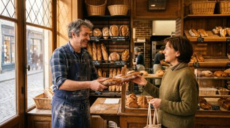 Boulanger tendant une baguette fraîche à une cliente