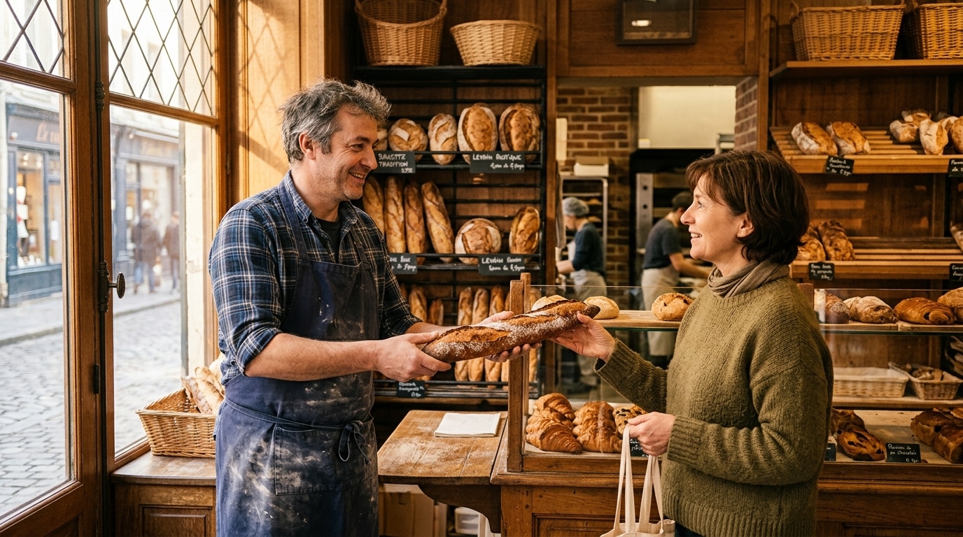 Boulanger tendant une baguette fraîche à une cliente