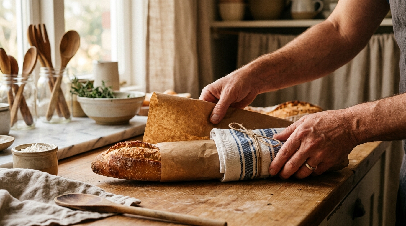 Baguette enveloppée dans du papier et un torchon