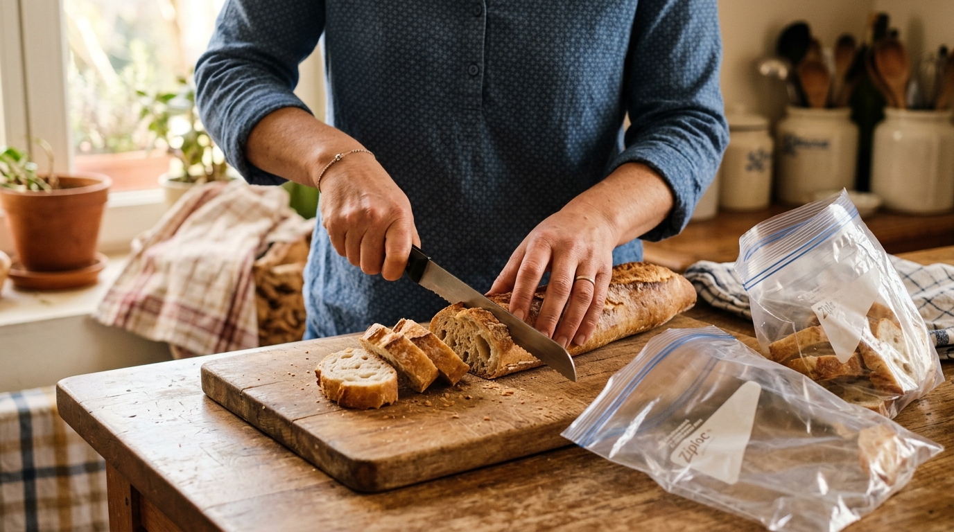 Baguette découpée en tranches avant congélation