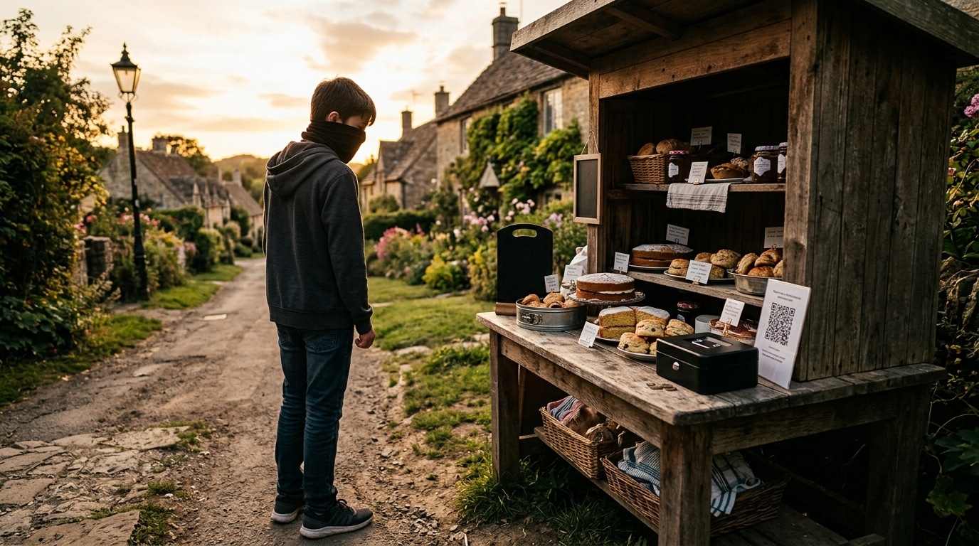 Silhouette d'adolescent masqué devant une cabane à gâteaux