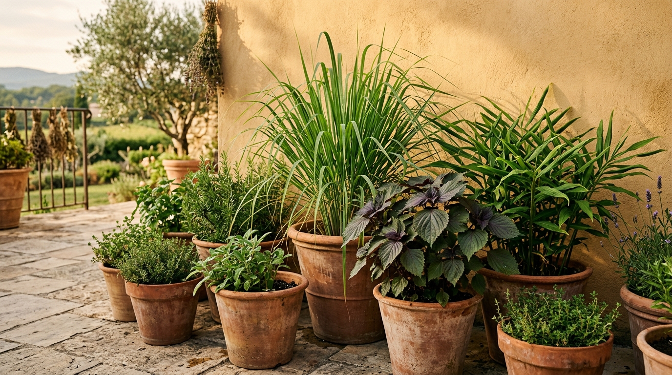 Pots en terre cuite avec citronnelle et shiso en terrasse