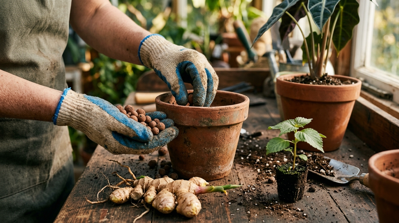 Mains plaçant billes d'argile dans un pot de jardin