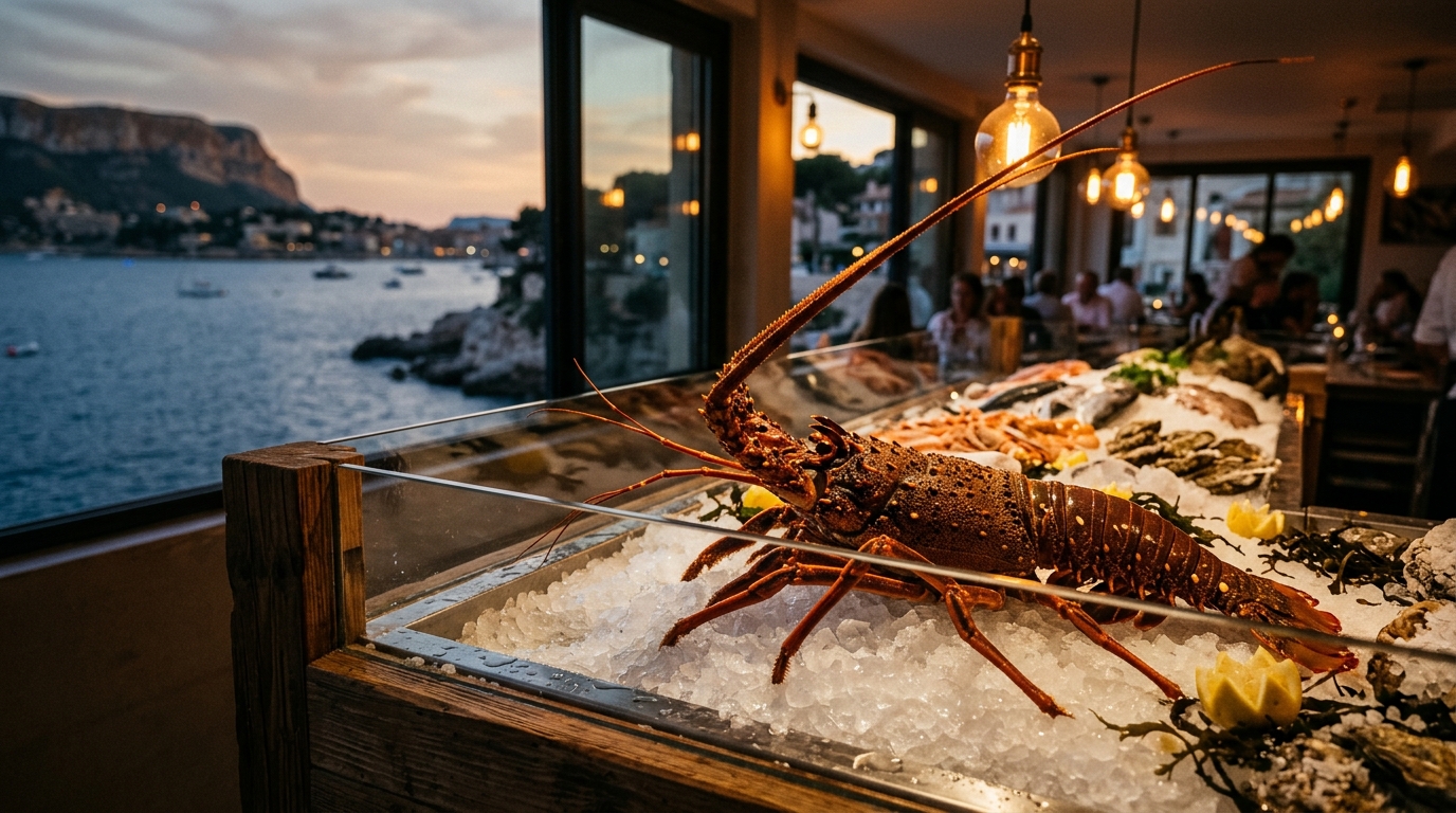 Langouste vivante présentée sur un étal de restaurant