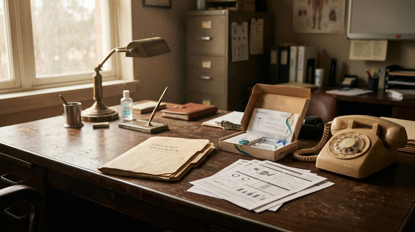 Bureau médical ancien avec dossier et test ADN