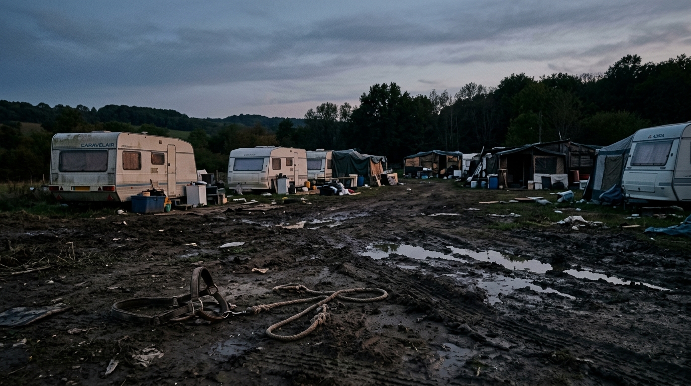 Campement de caravanes désert avec licol de cheval abandonné au sol