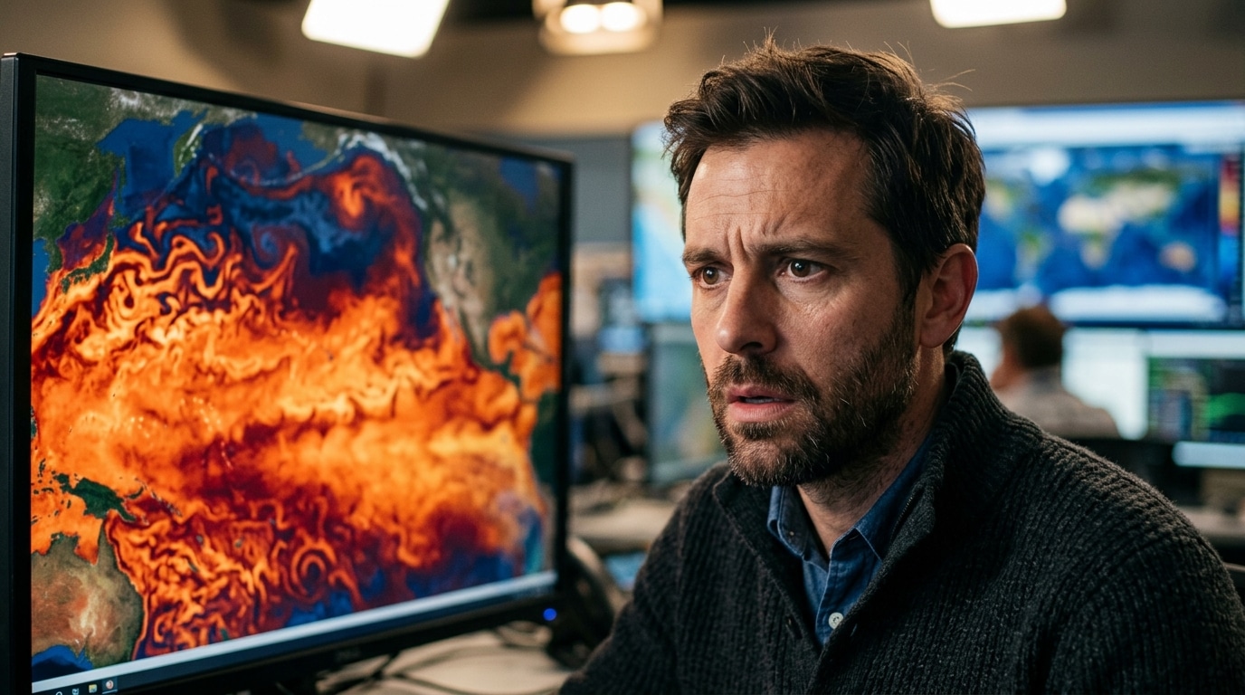 Climatologue inquiet devant des données satellites de chaleur océanique
