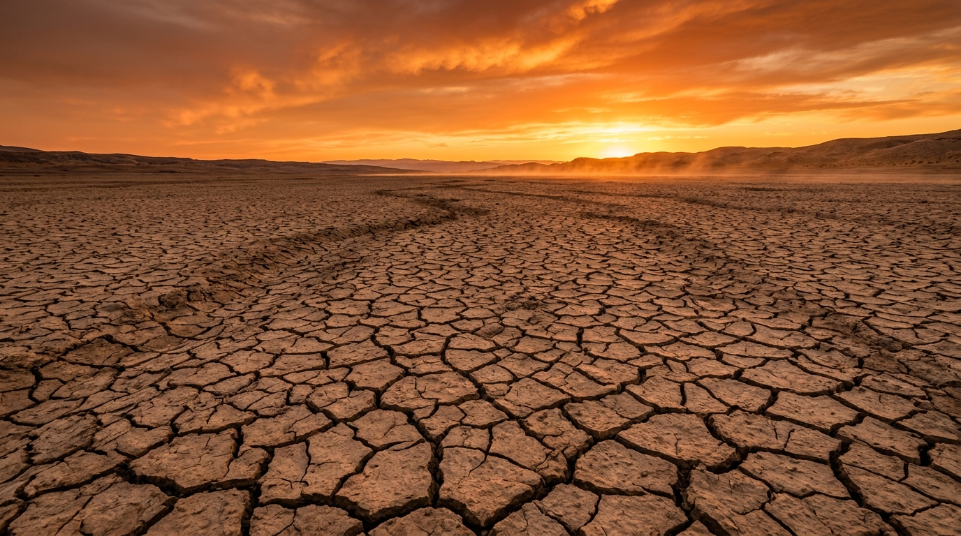 Terre asséchée et craquelée sous un ciel orange de sécheresse