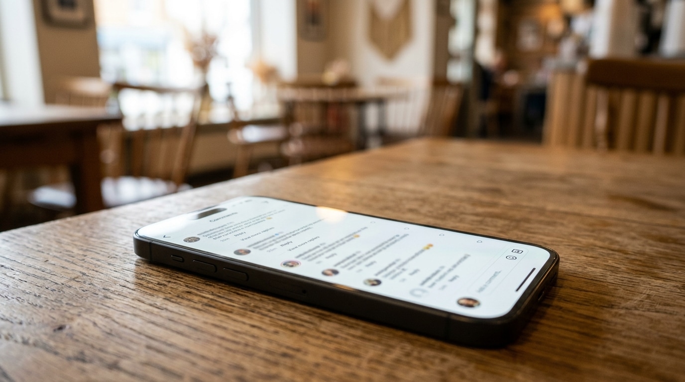 Écran de smartphone flouté affichant des commentaires sur les réseaux sociaux