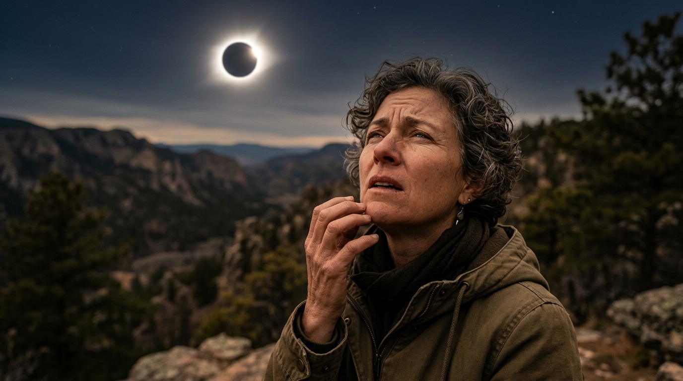 Personne regardant le ciel avec anxiété pendant l'éclipse