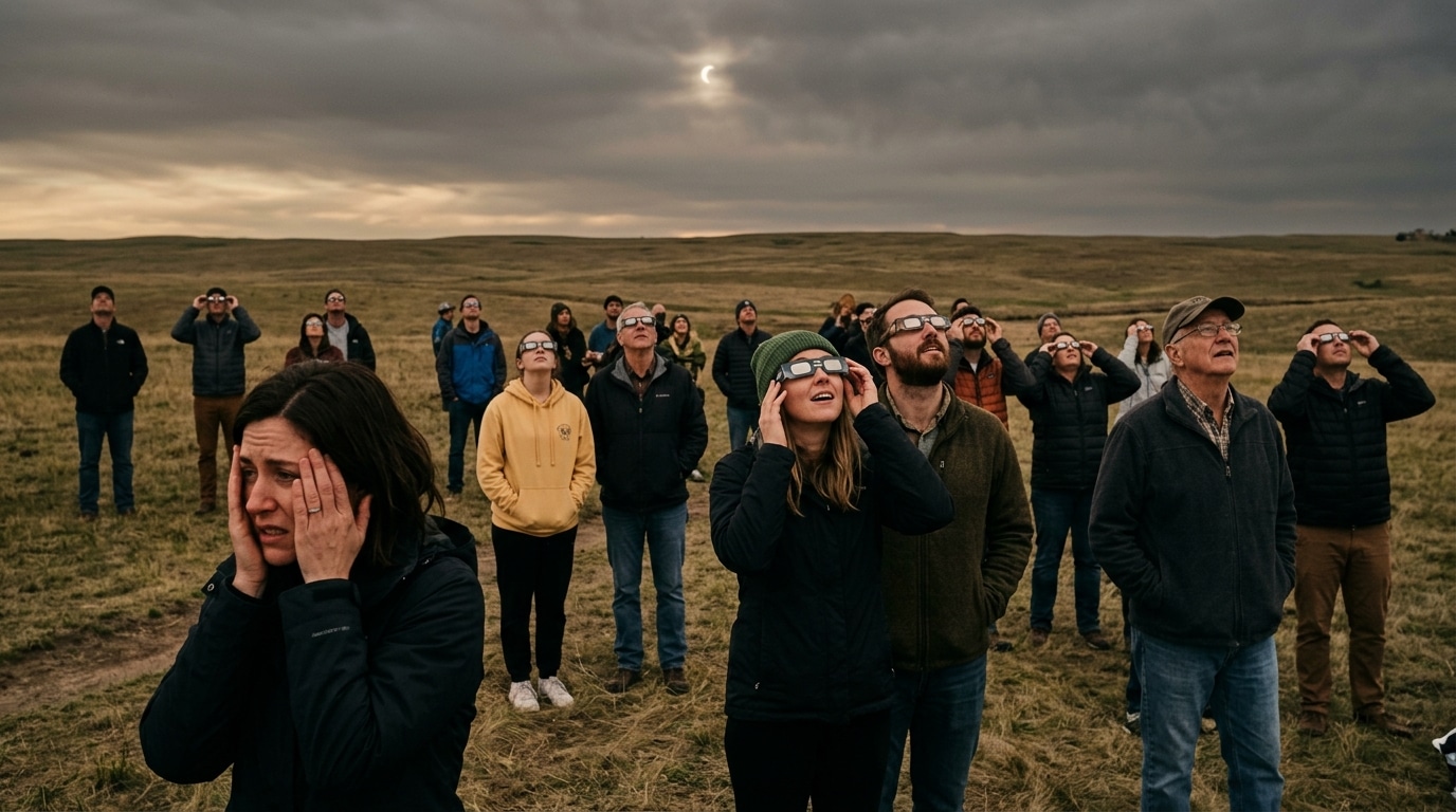 Groupe de personnes observant l'éclipse solaire dehors