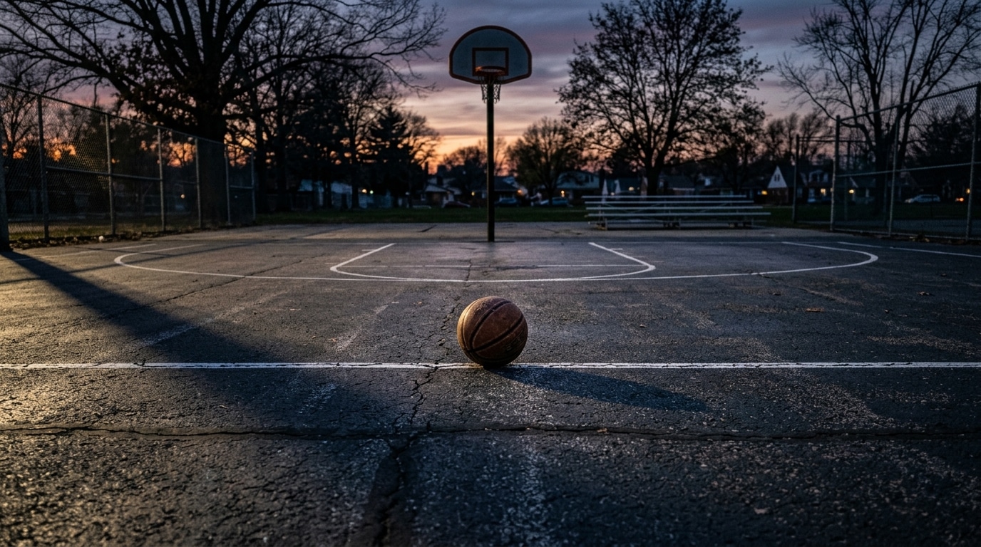 Ballon de basket abandonné sur terrain vide au crépuscule