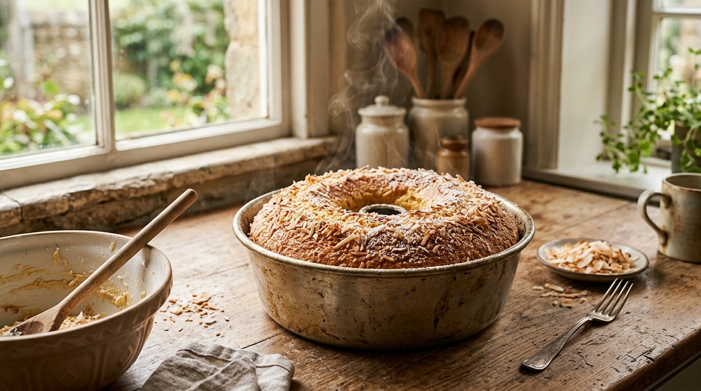 Gâteau moelleux à la noix de coco fraîchement sorti du four
