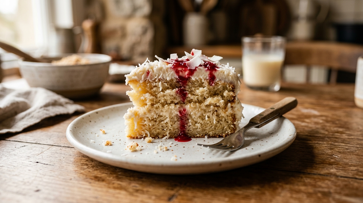 Part de gâteau coco avec coulis de fruits rouges