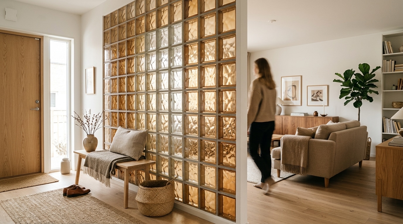 Mur de briques de verre translucides séparant une entrée