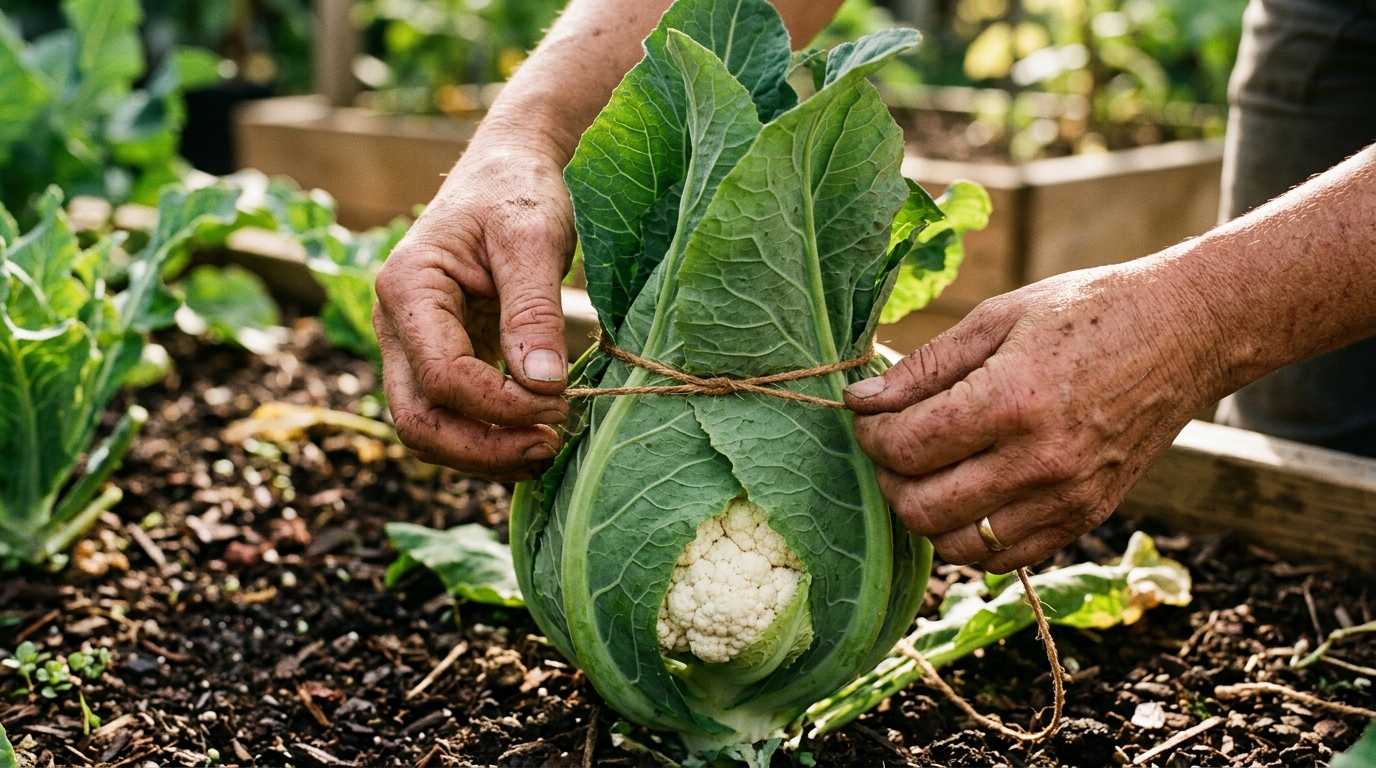 Mains attachant des feuilles autour d'un chou-fleur