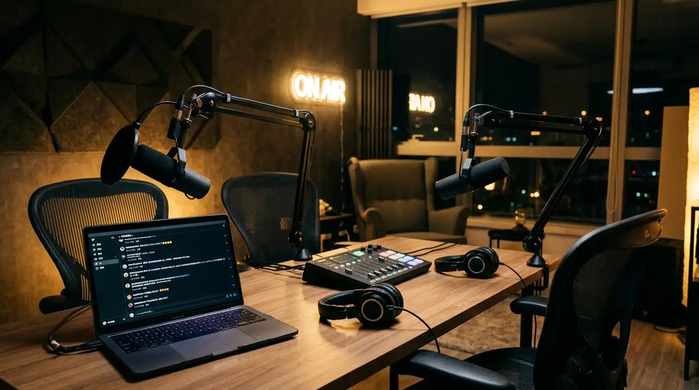 Studio de podcast vide avec téléphone affichant des messages