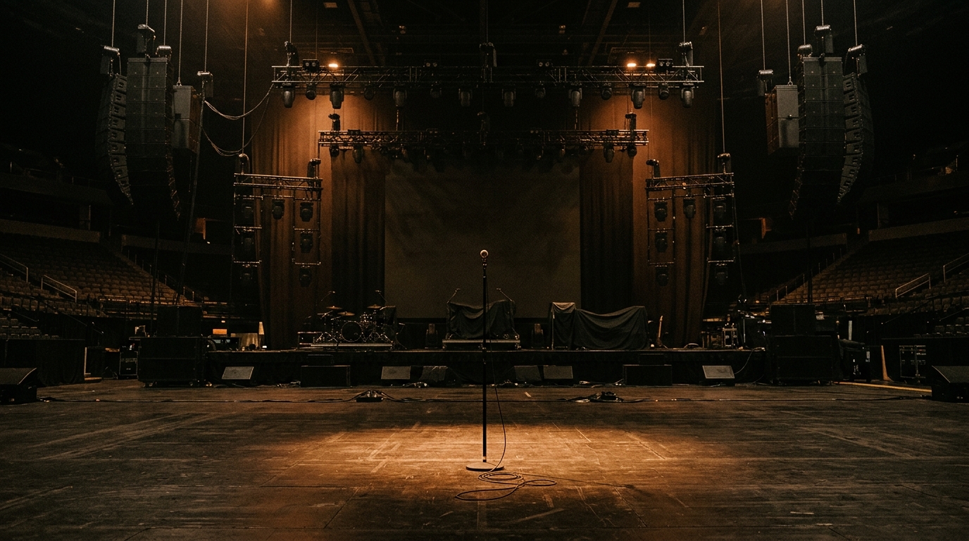 Scène de concert vide avec micro et lumières tamisées