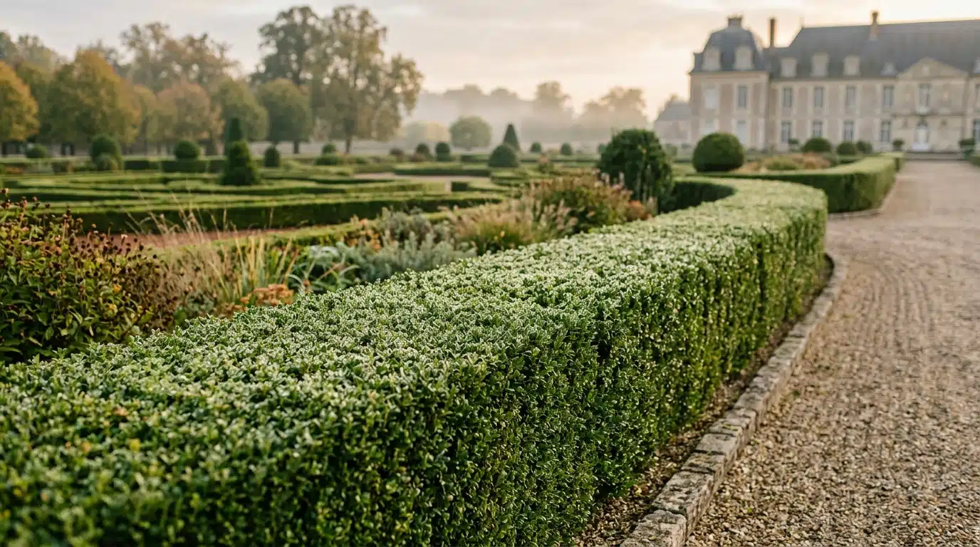 Haie de jardin dense et parfaitement taillée en automne
