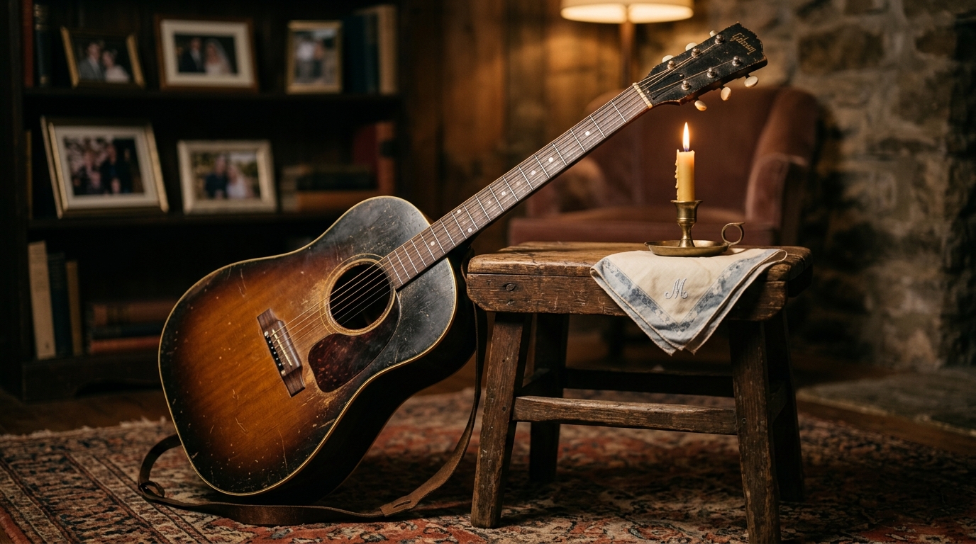 Guitare acoustique et bougie allumée en hommage